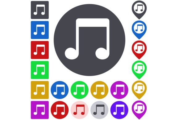 Color Flat Music Note Icon, Button Set